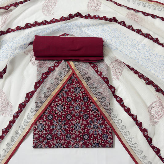 Ajrakh Flower Print 3Pc Cotton Suit with kota Doria Dupatta  1- Maroon