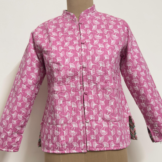 Reversible Jaipuri Cotton Quilted Jackets (Full Sleeves)- Pink with Off white