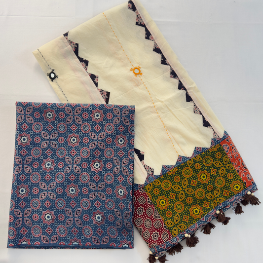 Ajrakh Flower Print 2Pc Cotton Suit with Mul Cotton Dupatta  1- Indigo Blue