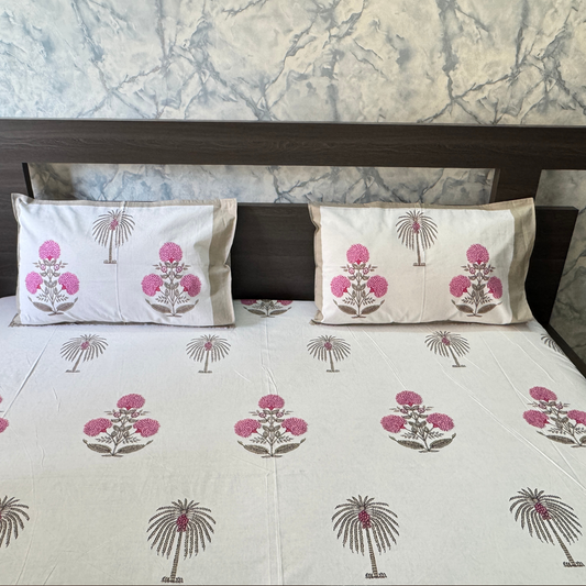 Elegant White- Pink Bedsheet Set- Super King size