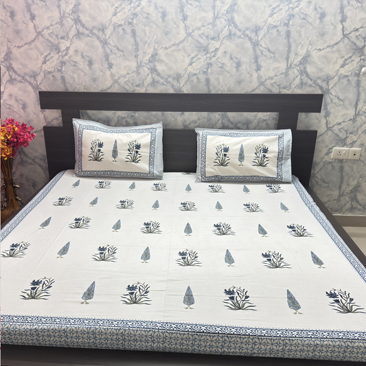 Elegant White-Blue Printed Bedsheet Set- King size White and Blue