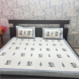 Elegant White-Blue Printed Bedsheet Set- King size White and Blue