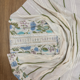 Floral Cotton Suit Set with Embellished Neckline & Organza Dupatta