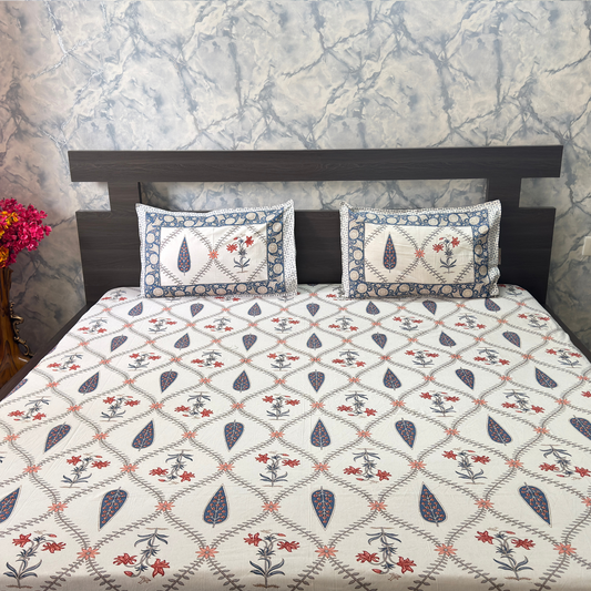 Elegant Ivory-Blue Green Bedsheet Set- Super King size Ivory, Blue & Green
