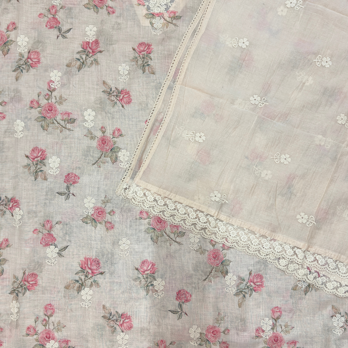 Peach Linen Jute Cotton Suit Set with Embroidered Dupatta