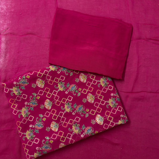 Rani Pink Georgette Suit Set with Zari Weaving
