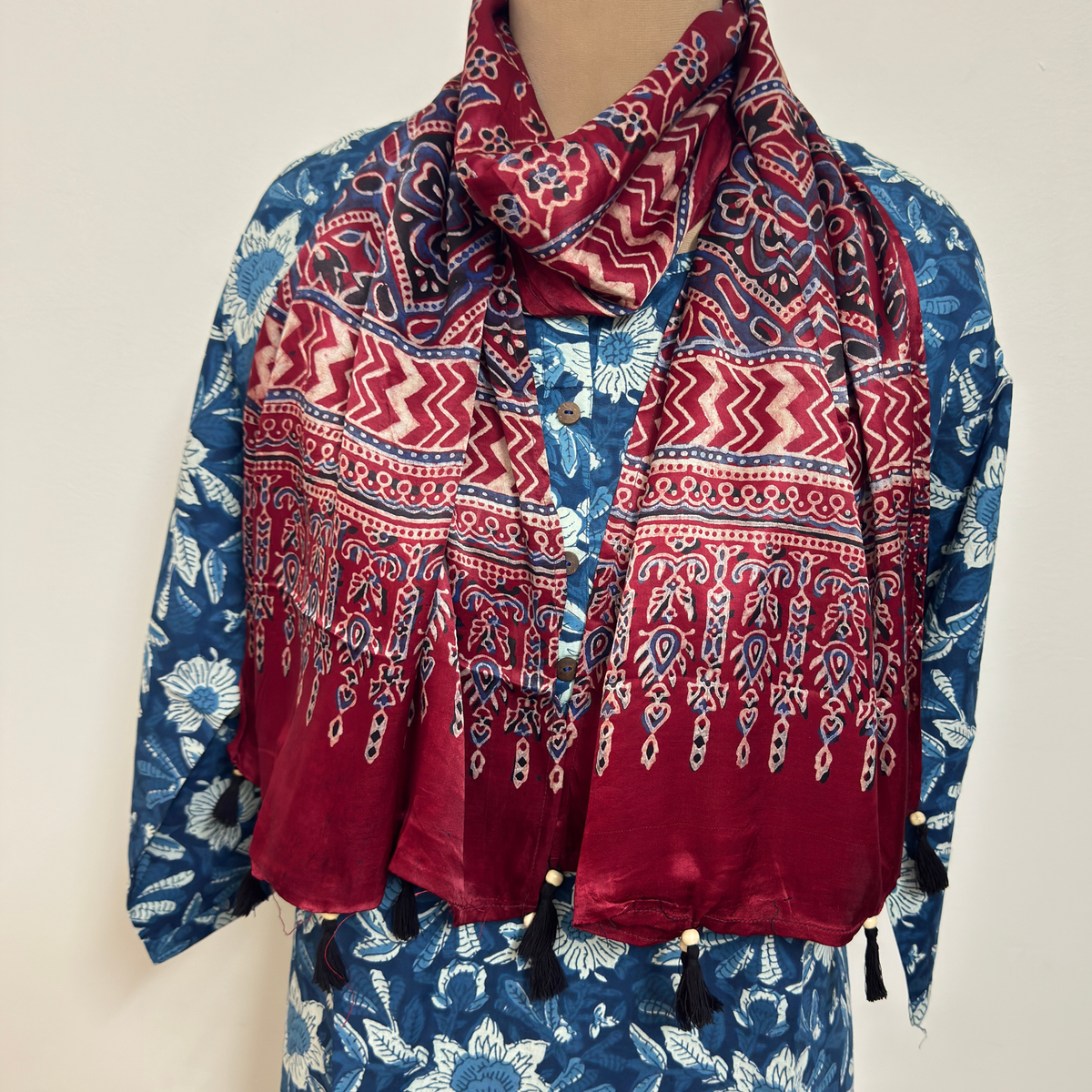 Modal Silk Blend Printed Stole – Classic Maroon