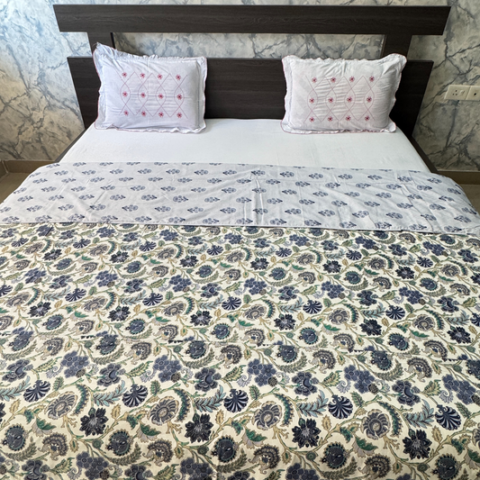 Reversible Cotton Double Bed Dohar- Blue Flowers