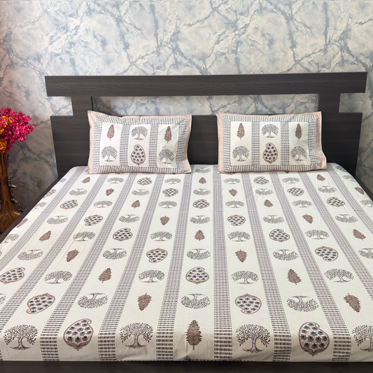 Elegant Ivory-Peach Printed Bedsheet Set- Super King size Ivory, Peach & Brown