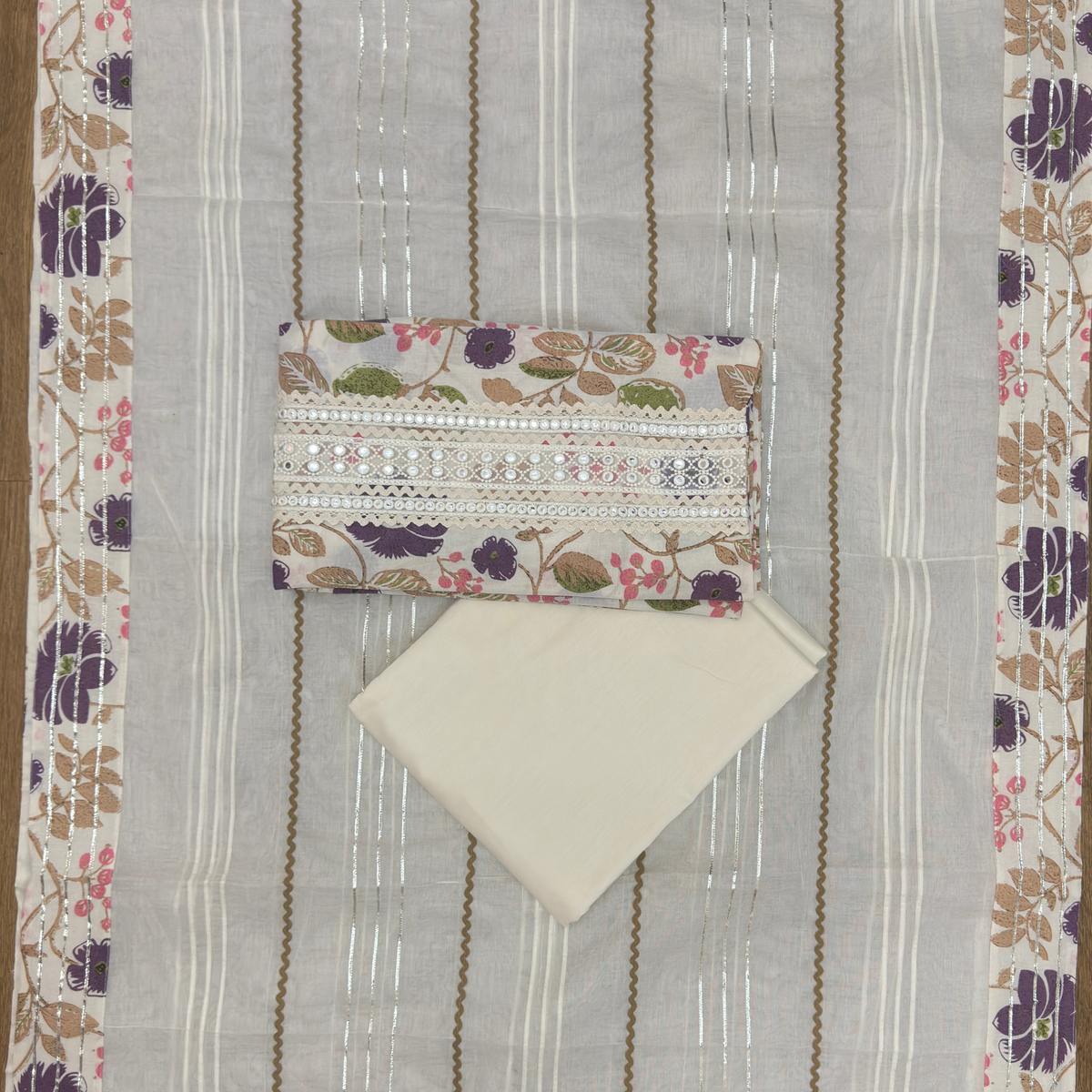 Floral Cotton Suit Set with Embellished Neckline & Organza Dupatta