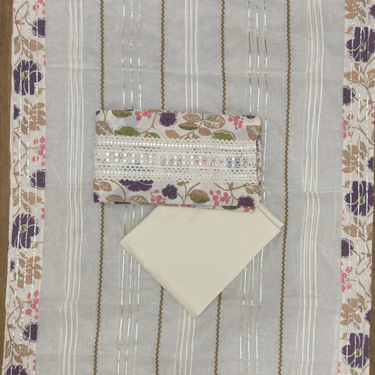 Floral Cotton Suit Set with Embellished Neckline & Organza Dupatta