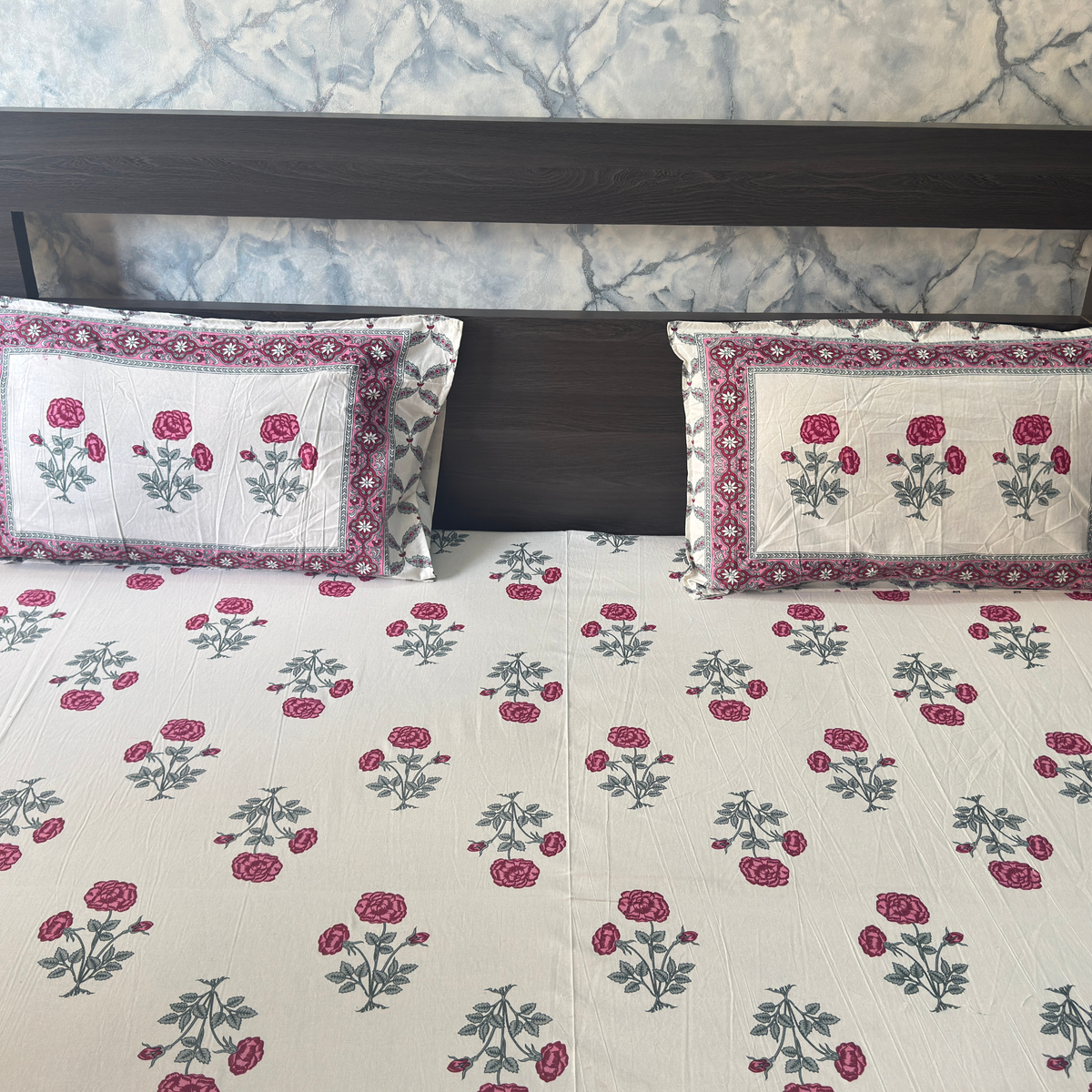 100% Cotton White- Pink Bedsheet Set- Super King size