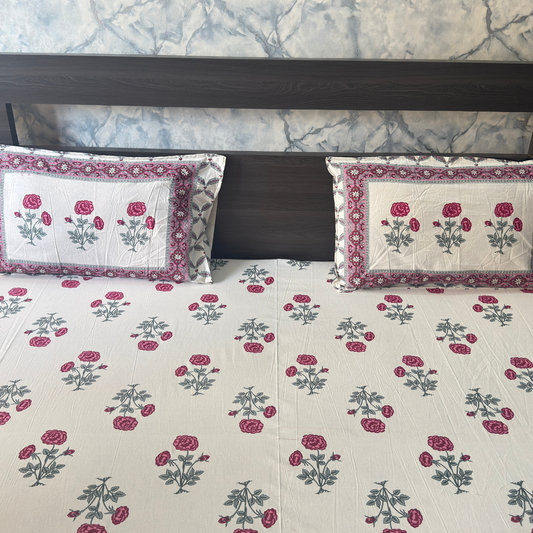 100% Cotton White- Pink Bedsheet Set- Super King size