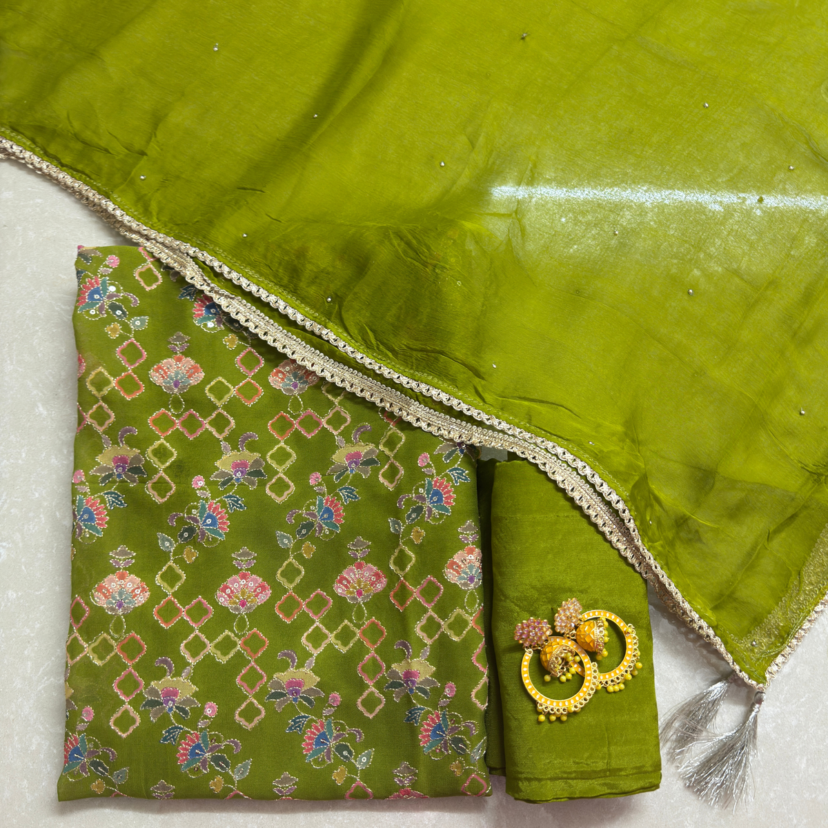Green Georgette Suit Set with Zari Weaving