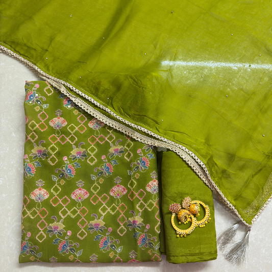Green Georgette Suit Set with Zari Weaving