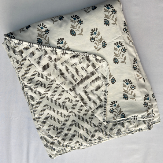 Reversible Cotton Double Bed Dohar- Grey Flowers