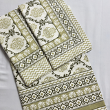 Elegant Light Green White Printed Bedsheet Set- King size White and Light Green