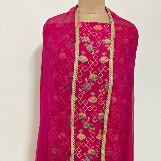 Rani Pink Georgette Suit Set with Zari Weaving