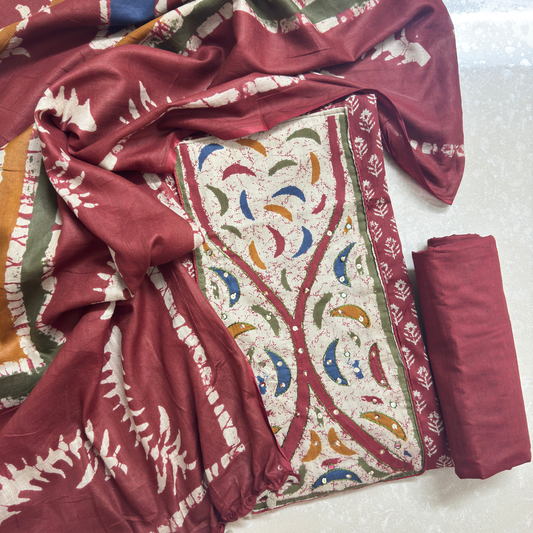 Rust Batik Print Suit with Yoke Patchwork
