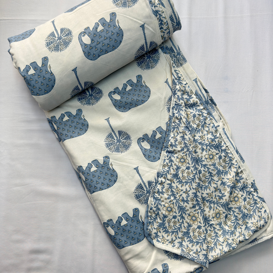 Reversible Cotton Double Bed Dohar- Sky Blue Elephant
