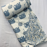 Reversible Cotton Double Bed Dohar- Sky Blue Elephant