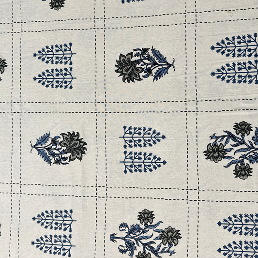 Elegant Ivory-Indigo Printed Bedsheet Set- Super King size Ivory, Indigo & Charcoal