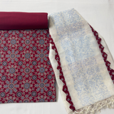 Ajrakh Flower Print 3Pc Cotton Suit with kota Doria Dupatta  1- Maroon
