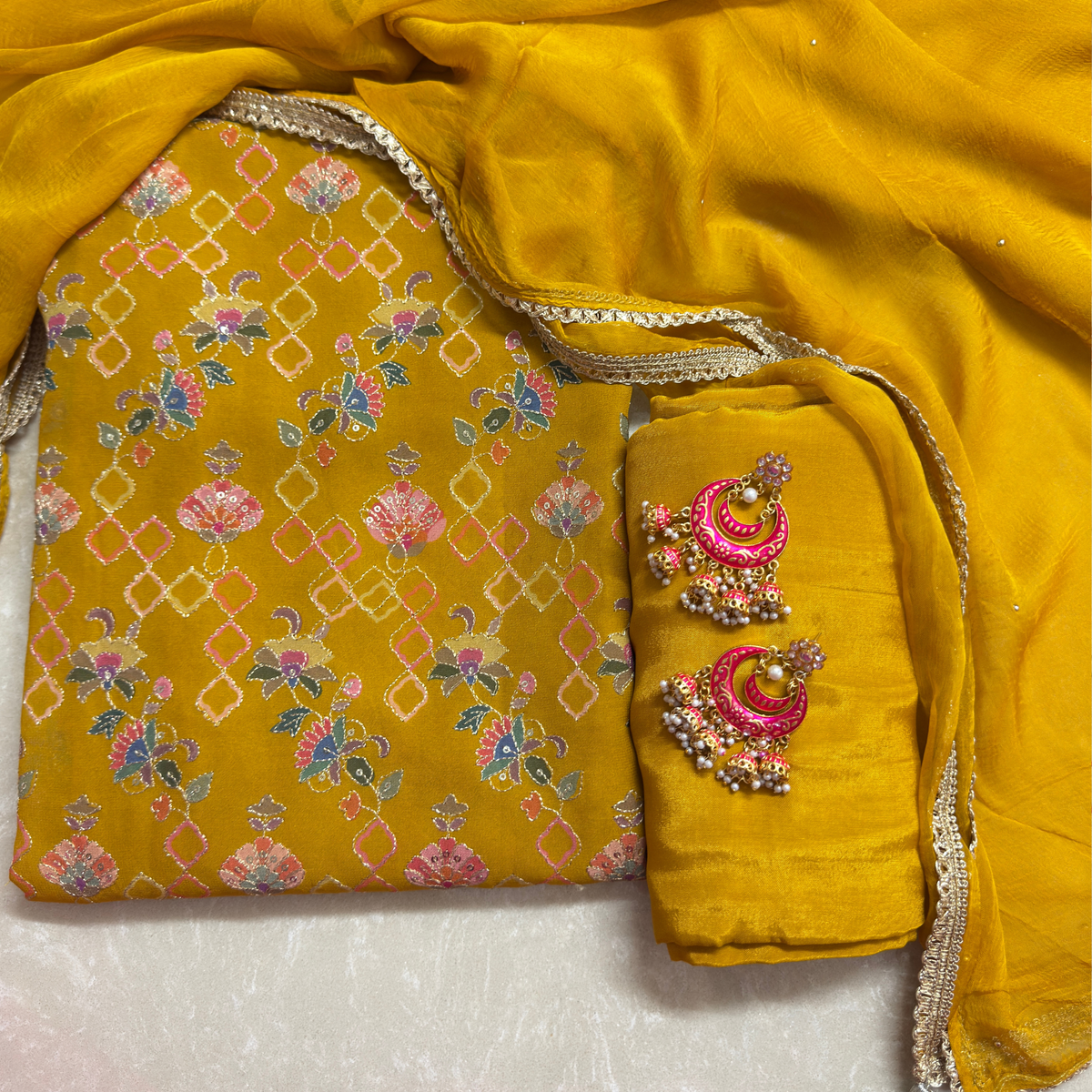 Mustard Georgette Suit Set with Zari Weaving