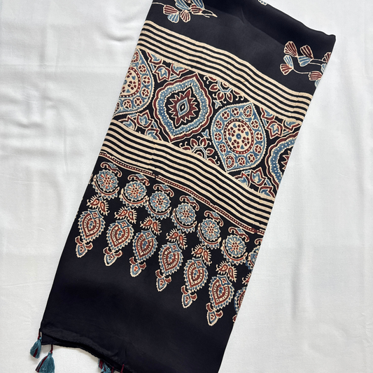 Modal Silk Printed Stole- Black