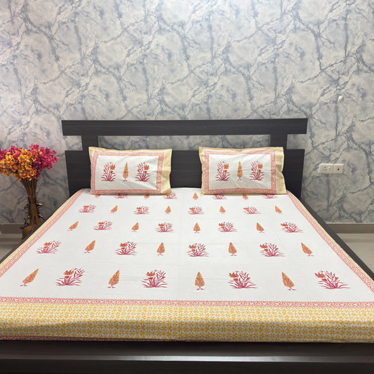Elegant White-Orange Mustard Printed Bedsheet Set- King size White and Orange Mustard
