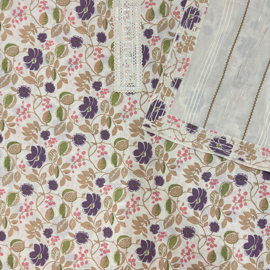 Floral Cotton Suit Set with Embellished Neckline & Organza Dupatta
