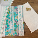 Ivory & Aqua Cotton Suit Set with Lace Detailing