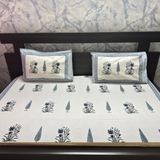 Elegant White-Blue Printed Bedsheet Set- King size White and Blue