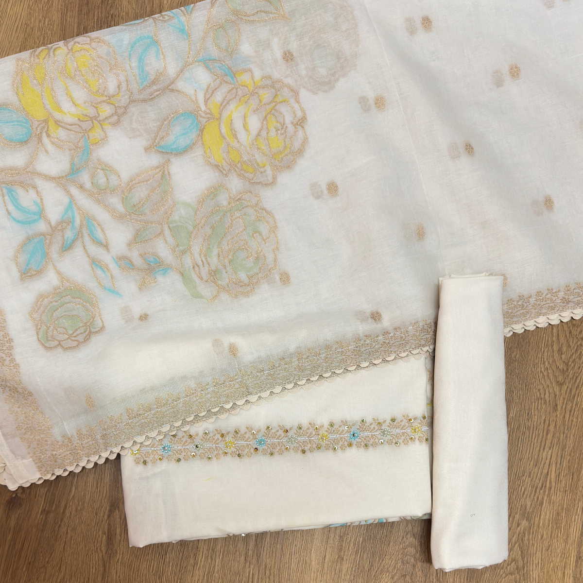 Ivory Pure Cotton Jamdani Suit Set with Embroidered Dupatta