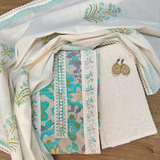 Ivory & Aqua Cotton Suit Set with Lace Detailing