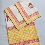 Elegant White-Orange Mustard Printed Bedsheet Set- King size White and Orange Mustard