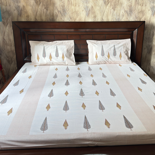 Elegant Off White- Blue Brown Bedsheet Set- Super King size