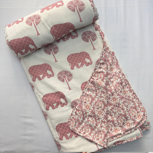 Reversible Cotton Double Bed Dohar- Light Brown Elephant