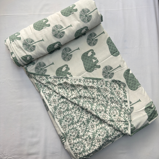 Reversible Cotton Double Bed Dohar- Green Elephant