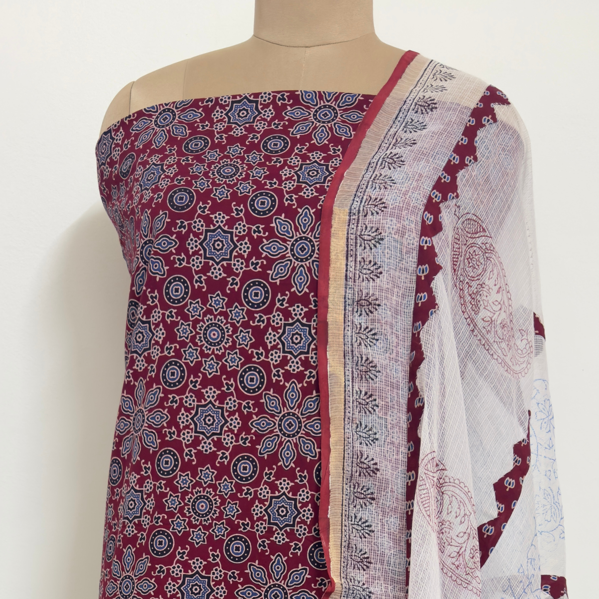 Ajrakh Flower Print 3Pc Cotton Suit with kota Doria Dupatta  1- Maroon