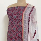 Ajrakh Flower Print 3Pc Cotton Suit with kota Doria Dupatta  1- Maroon