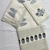 Elegant Ivory-Indigo Printed Bedsheet Set- Super King size Ivory, Indigo & Charcoal
