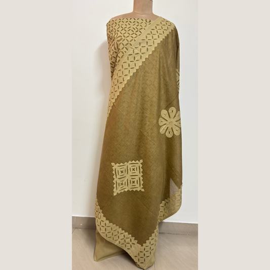 3 Pcs Cotton Applique Suit Set - Olive Green