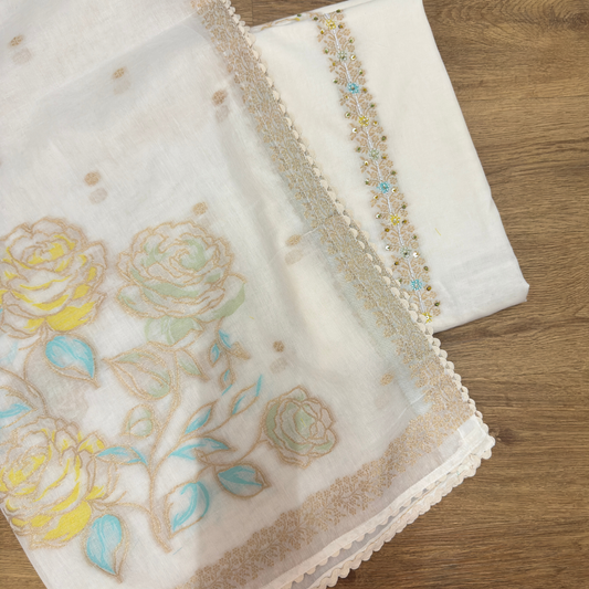 Ivory Pure Cotton Jamdani Suit Set with Embroidered Dupatta