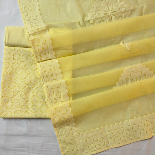 3 Pcs Cotton Applique Suit Set - Light Yellow