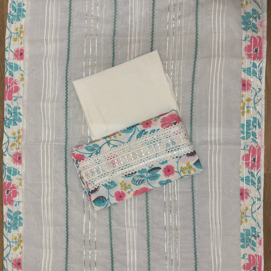 Floral Cotton Suit Set with Embellished Neckline & Organza Dupatta