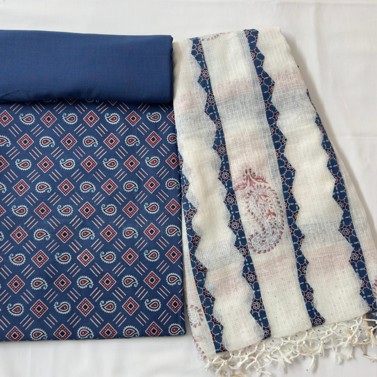 Block Print 3Pc Cotton Suit with Kota Doria Dupatta  1- Indigo Blue