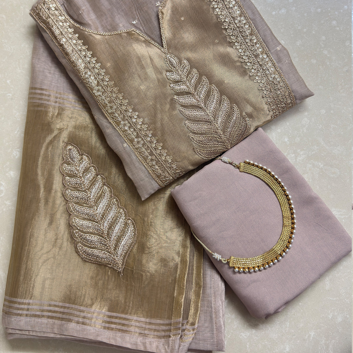Elegant Champagne Gold Embroidered Suit Set