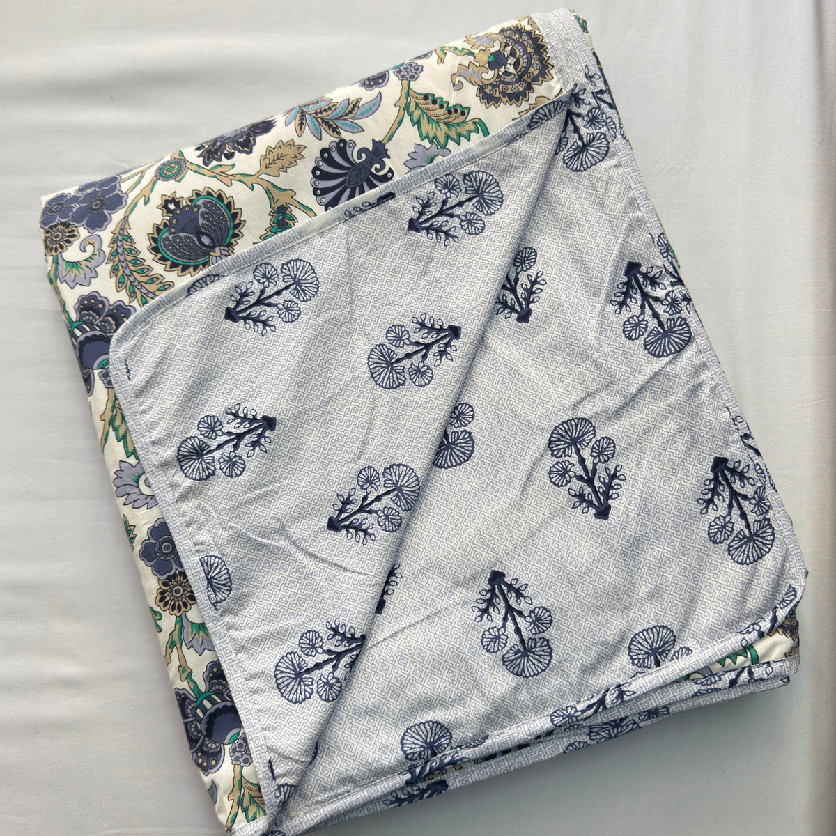 Reversible Cotton Double Bed Dohar- Blue Flowers