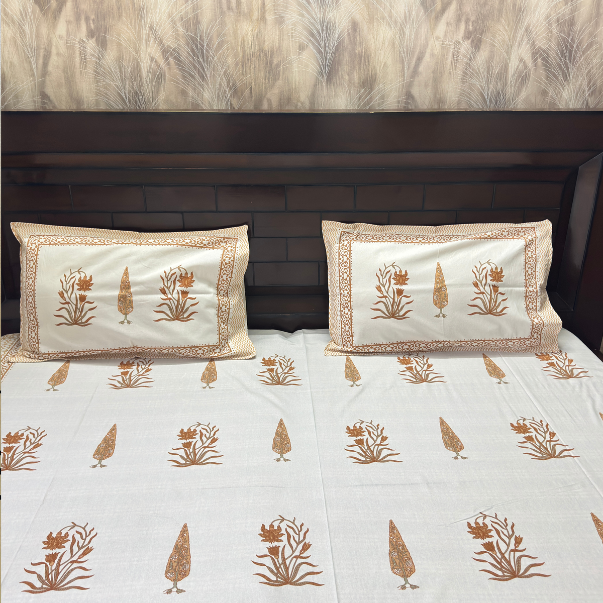 Elegant White-Brown Printed Bedsheet Set- King size White and Brown